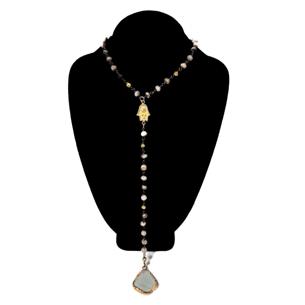 NEW - Druzy & 18K Gold Hamsa Lariat Necklace w Agate, Onyx & Pyrite Handmade